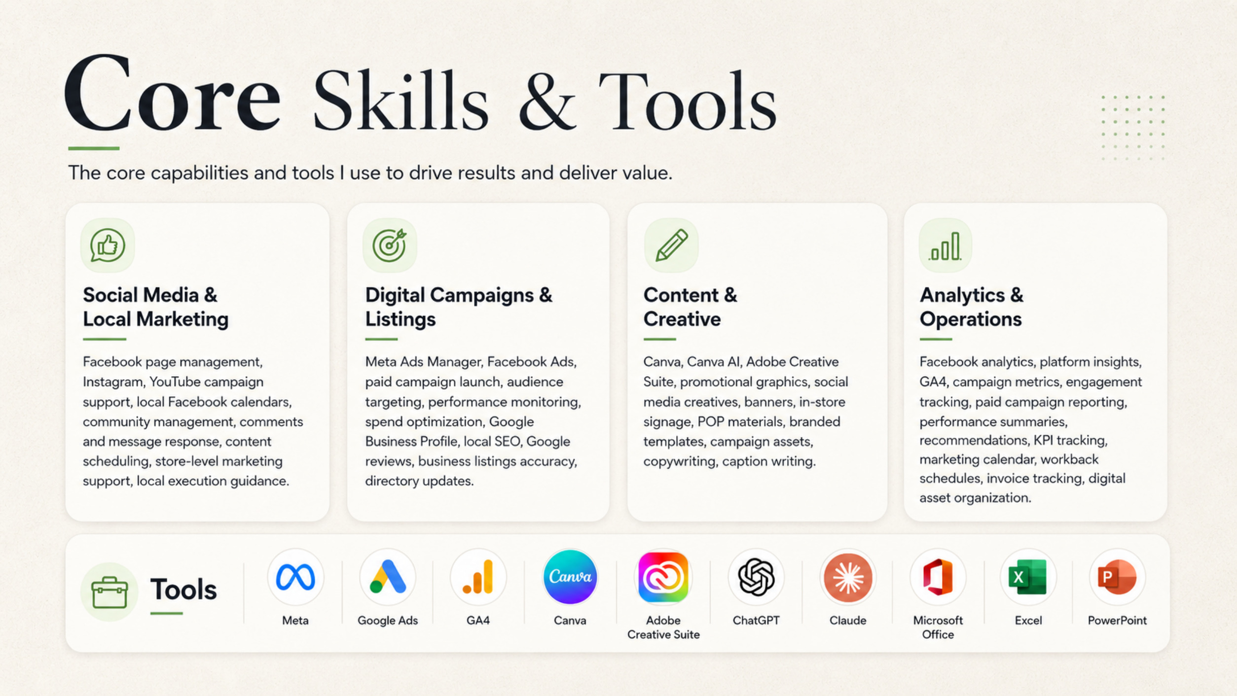 Core skills and tools page.