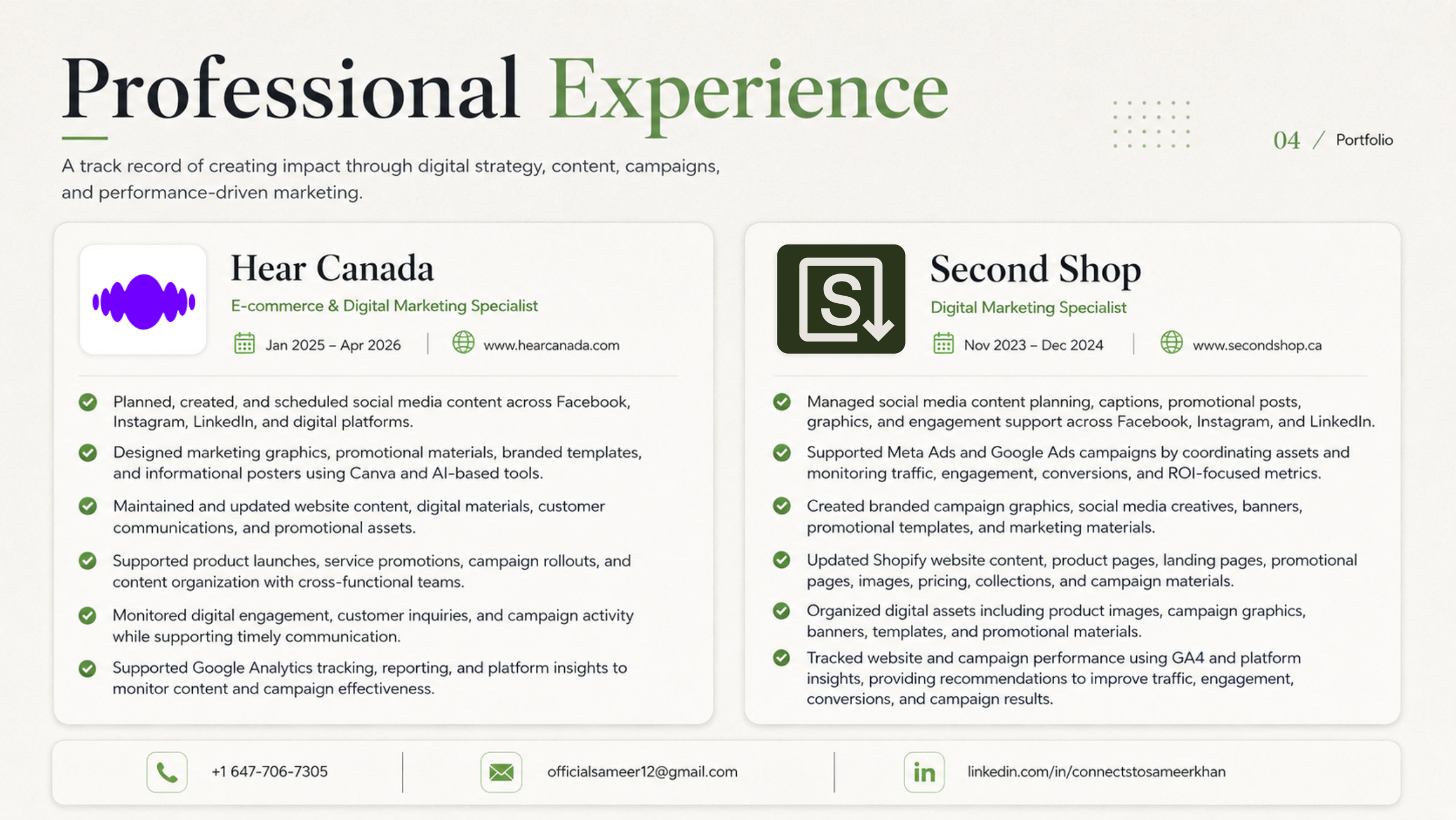 Professional experience page.