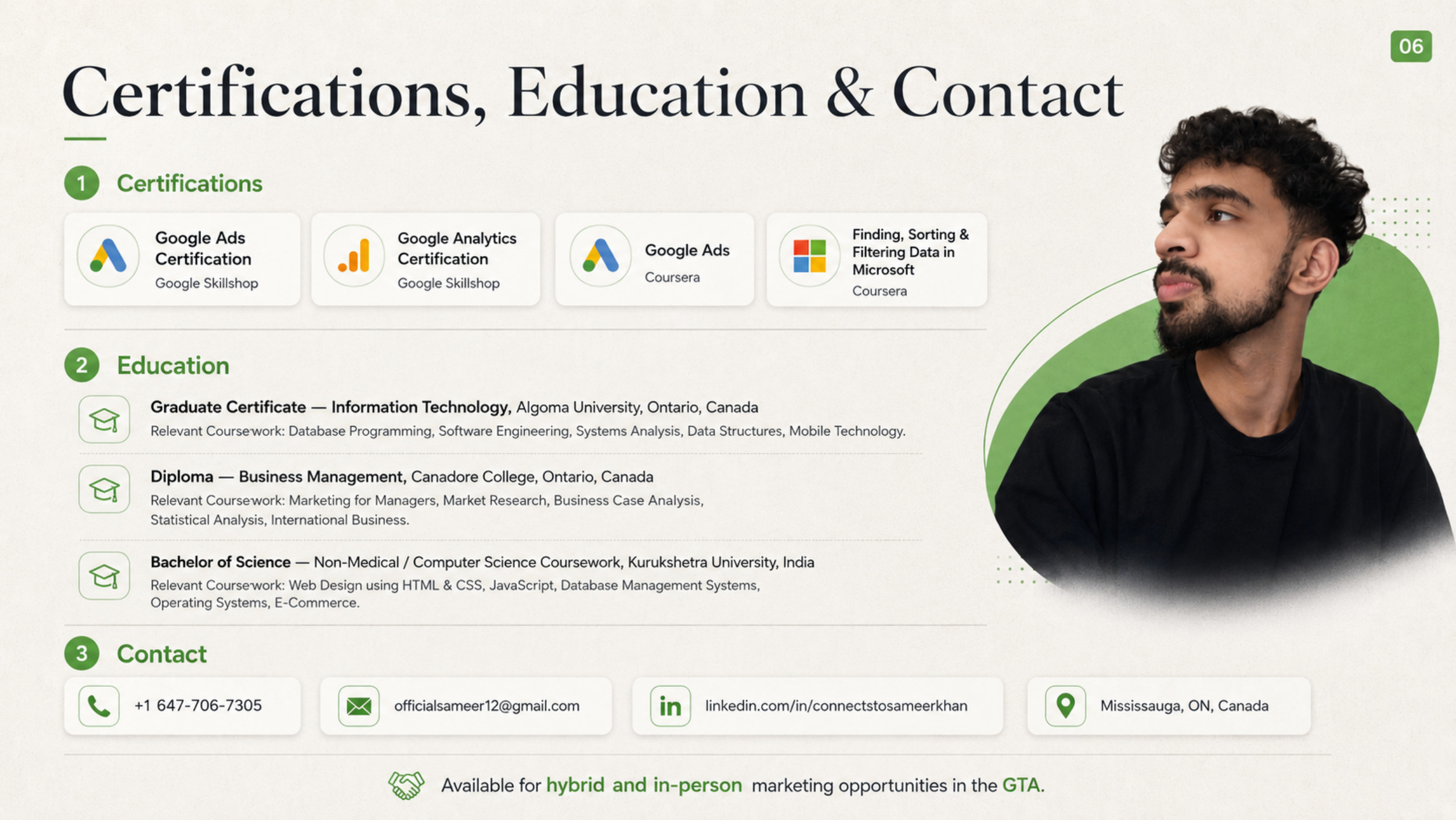 Certifications, education and contact page.